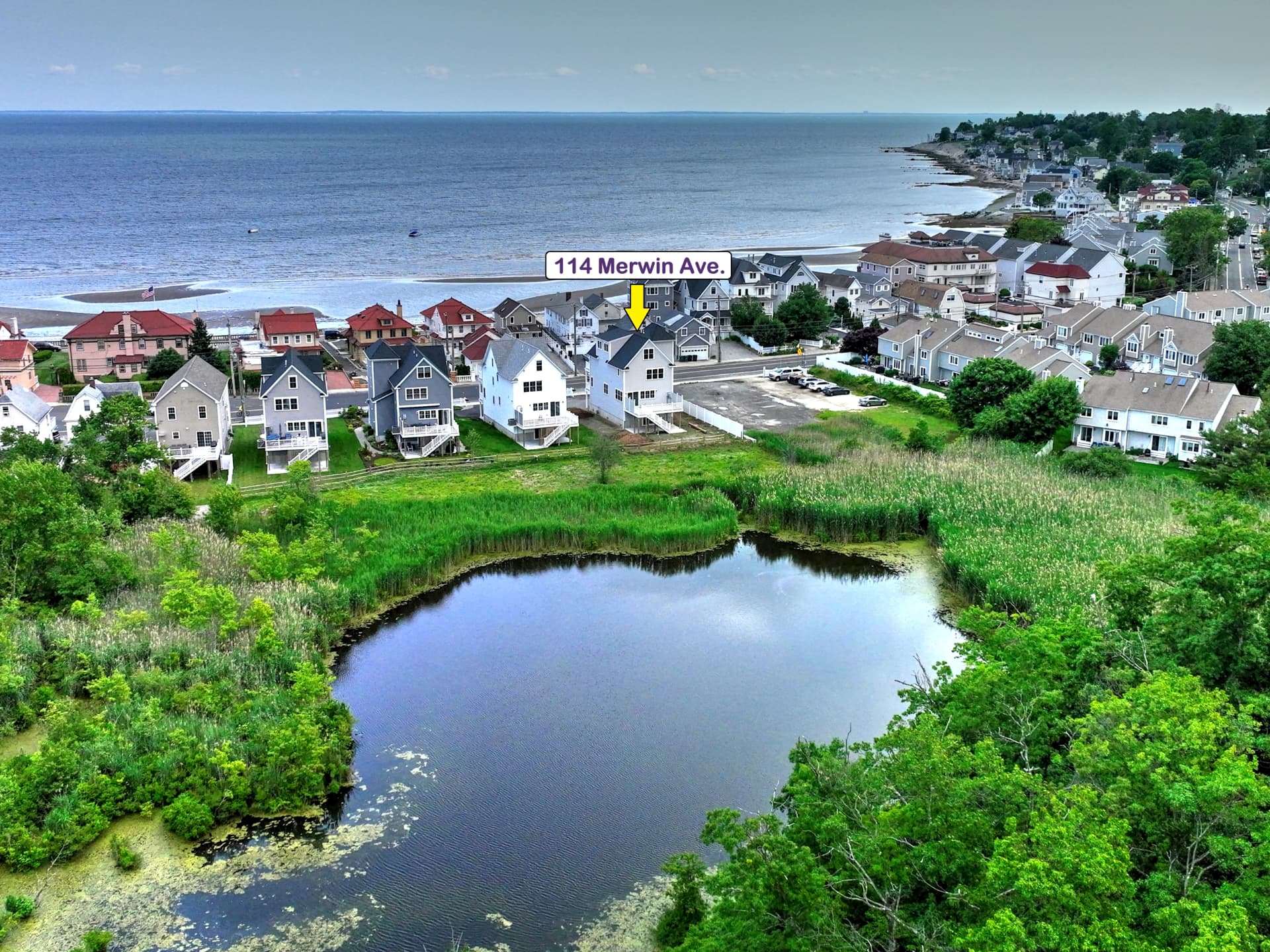 Summer aerial: the pond, the home and the Sound